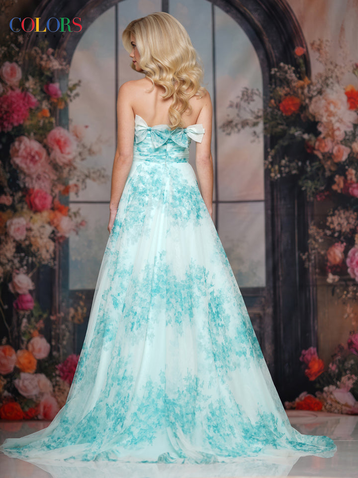 COLORS 3811 Green Long Prom Dress With 3D Bow Appliques
