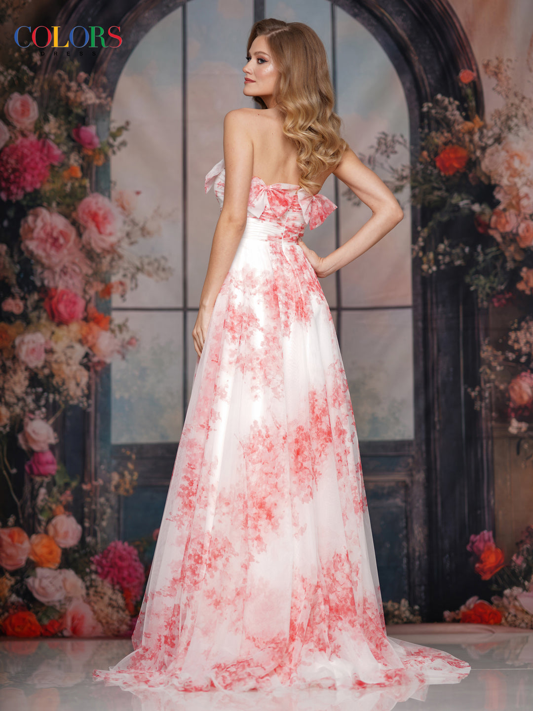 COLORS 3811 Green Long Prom Dress With 3D Bow Appliques