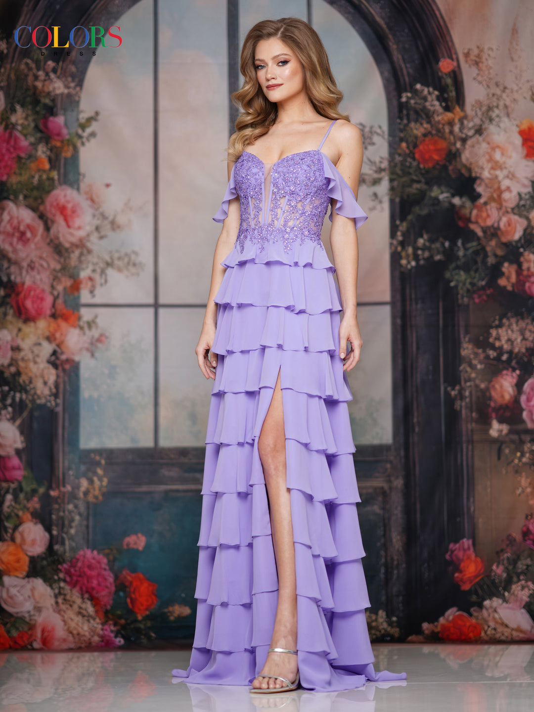 COLORS 3820 Long Prom Dress With Sheer Deep V-Neckline