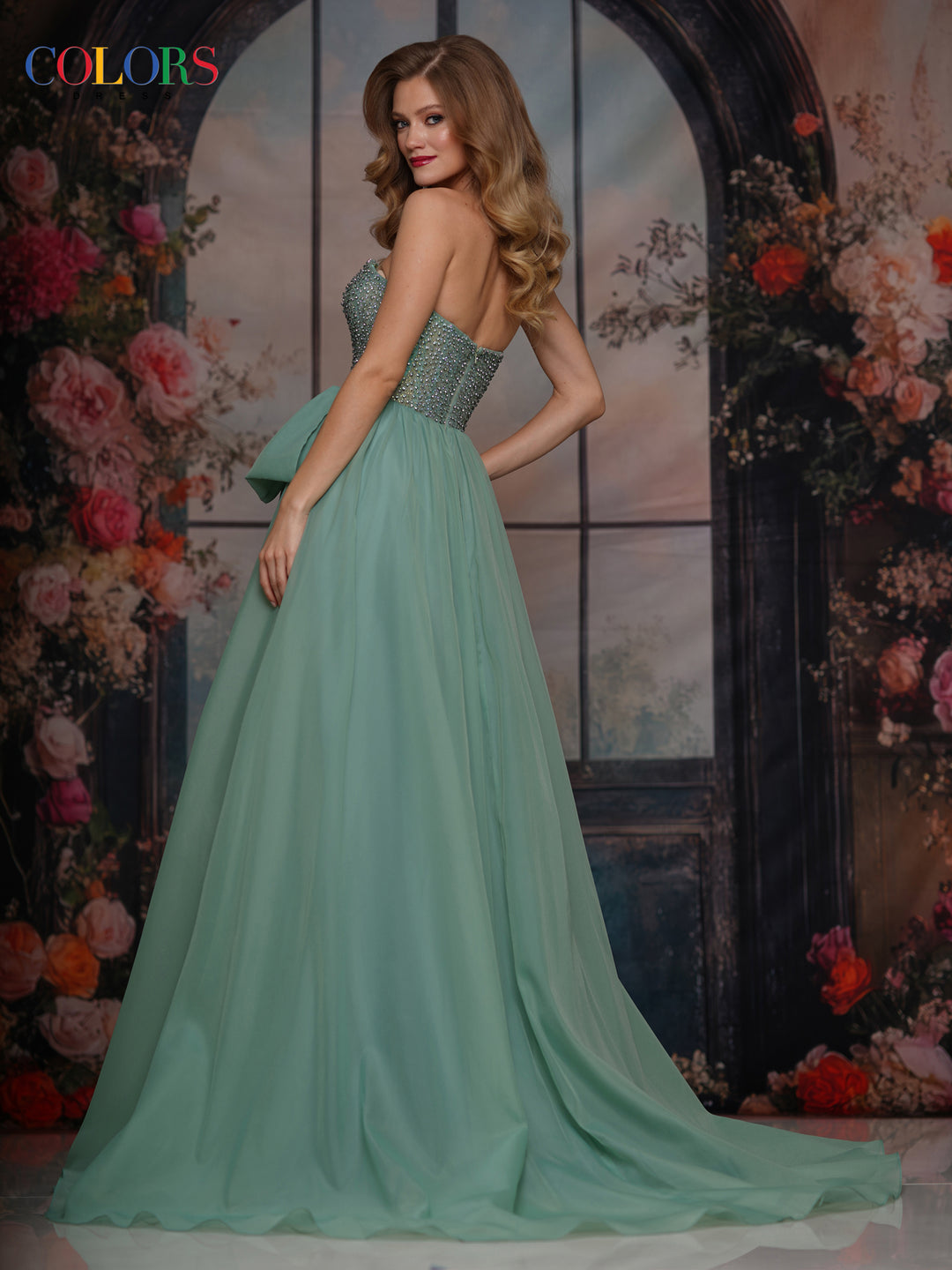 COLORS 3843 Sage Strapless Prom Dress With A-Line Skirt