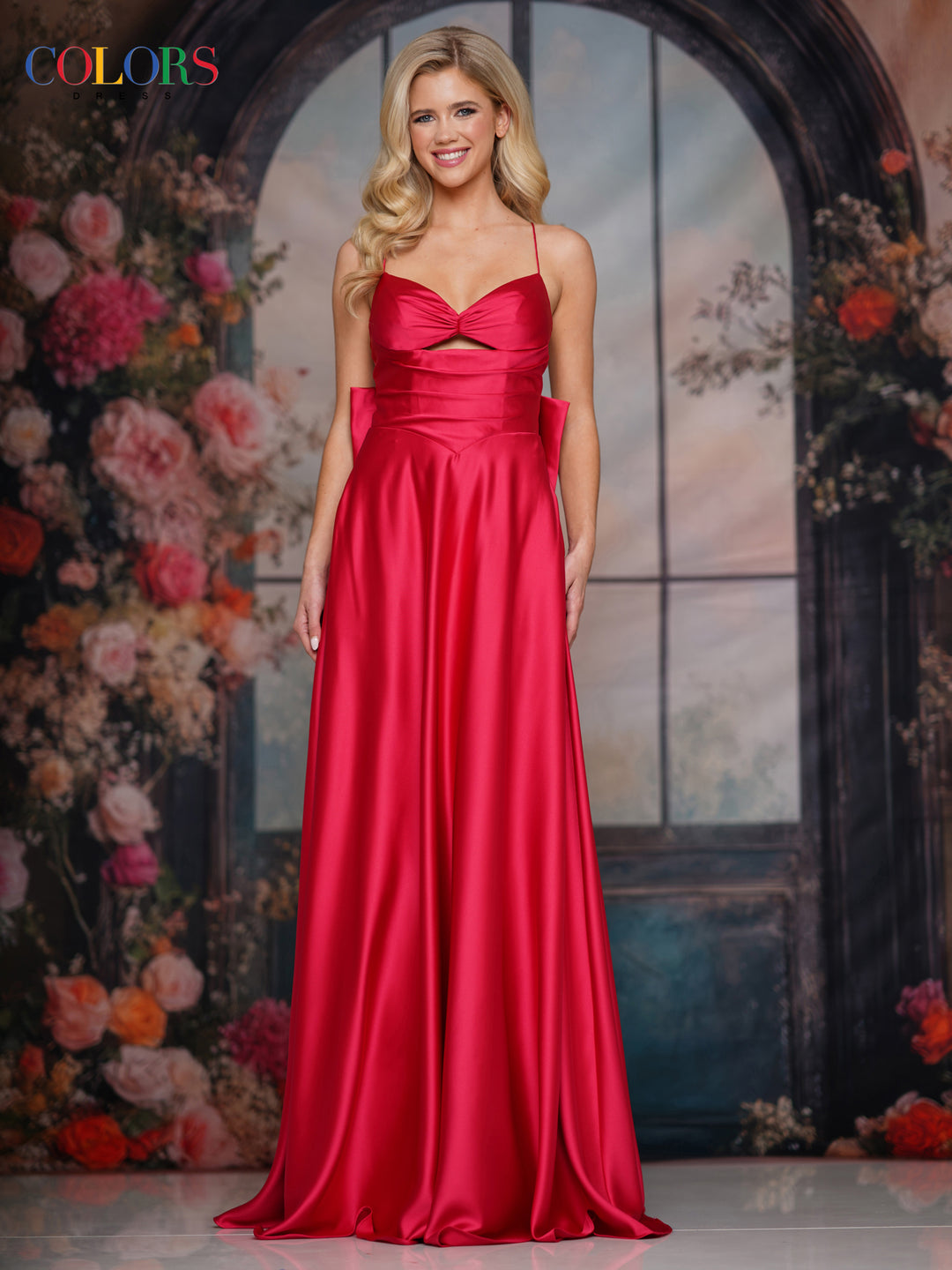 COLORS 3851 Satin Long Prom Dress With V-Neckline