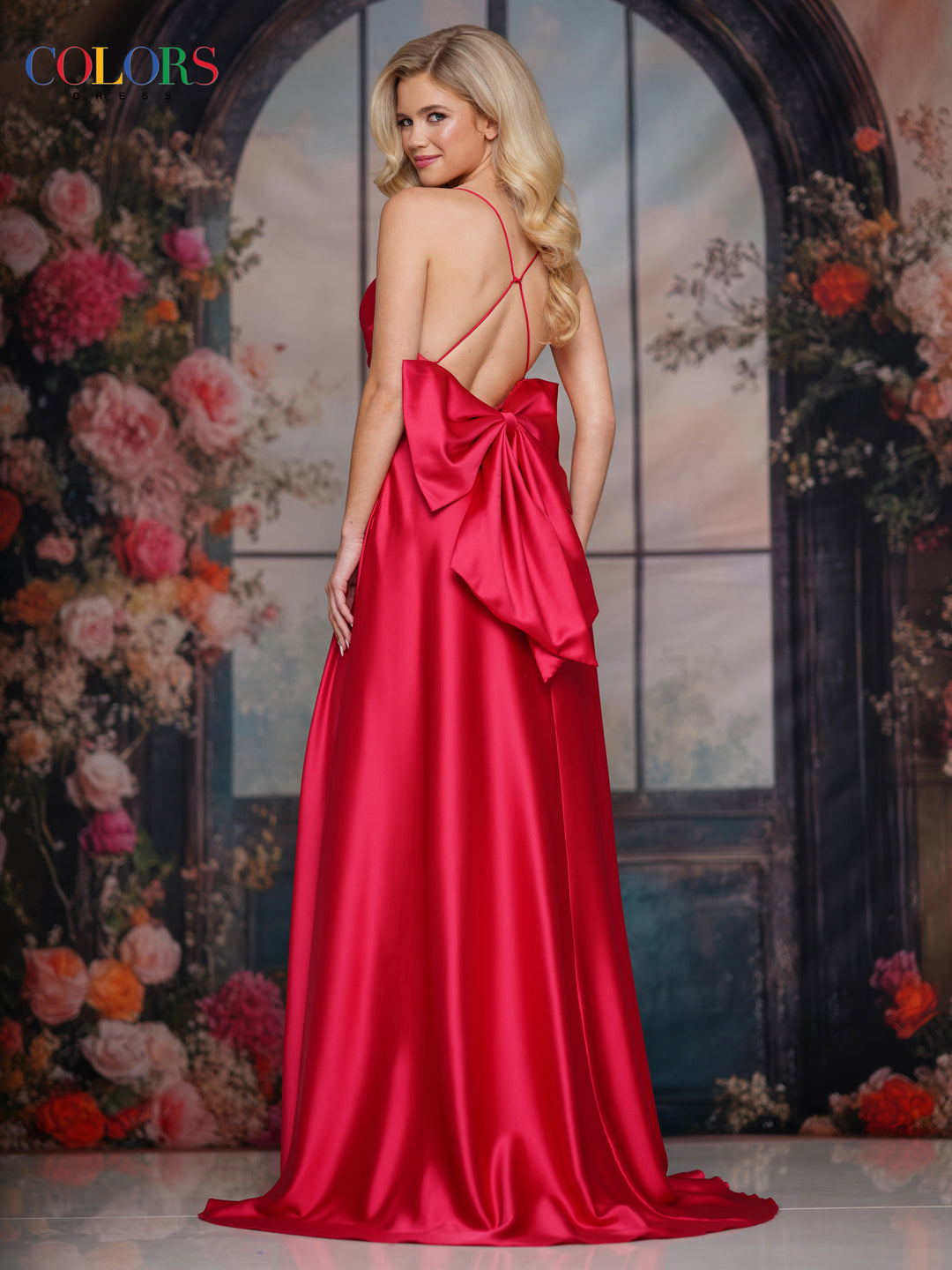 COLORS 3851 Satin Long Prom Dress With V-Neckline