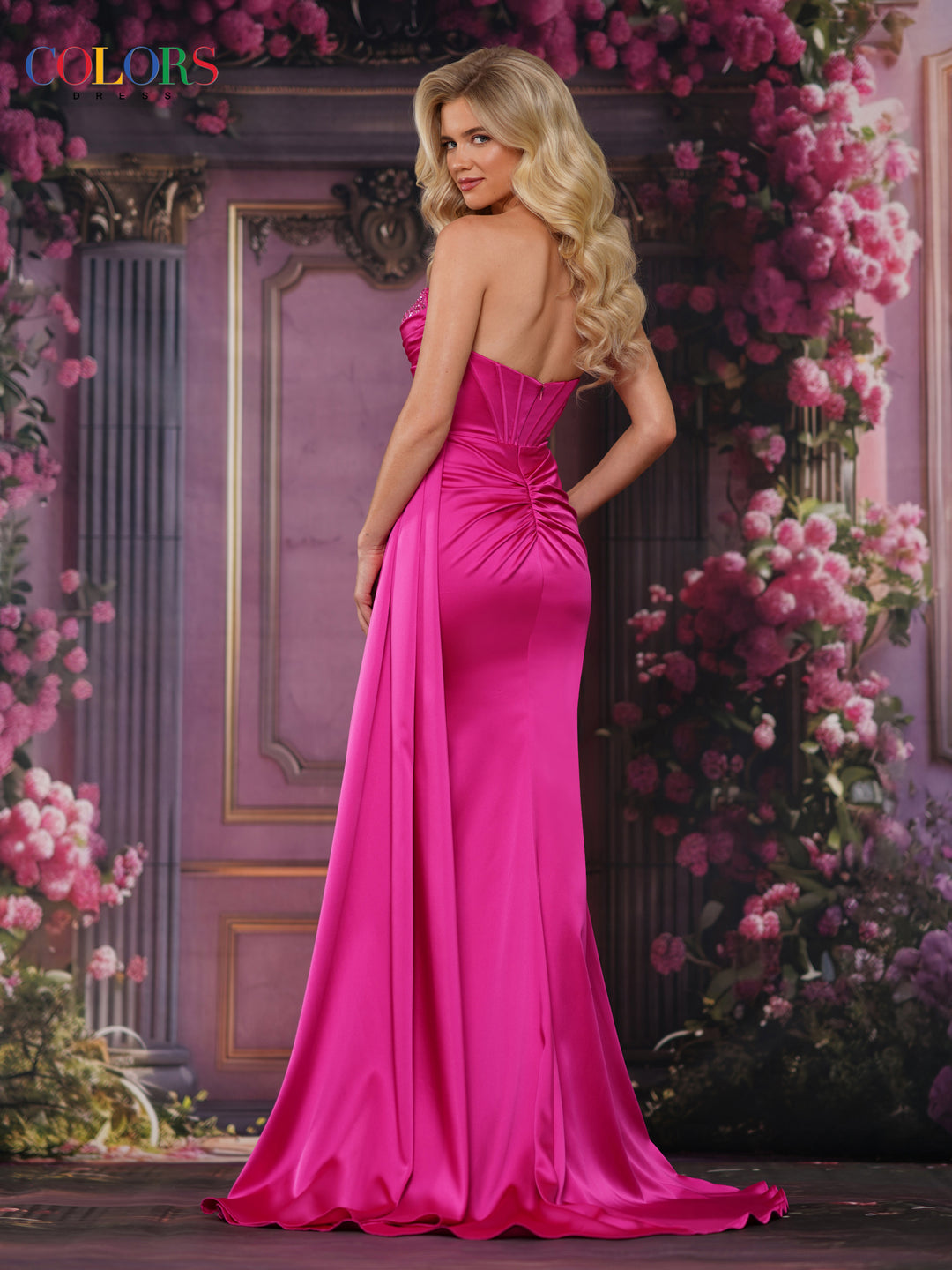 COLORS 3854 Fuchsia Strapless Prom Dress With Thigh-High Slit