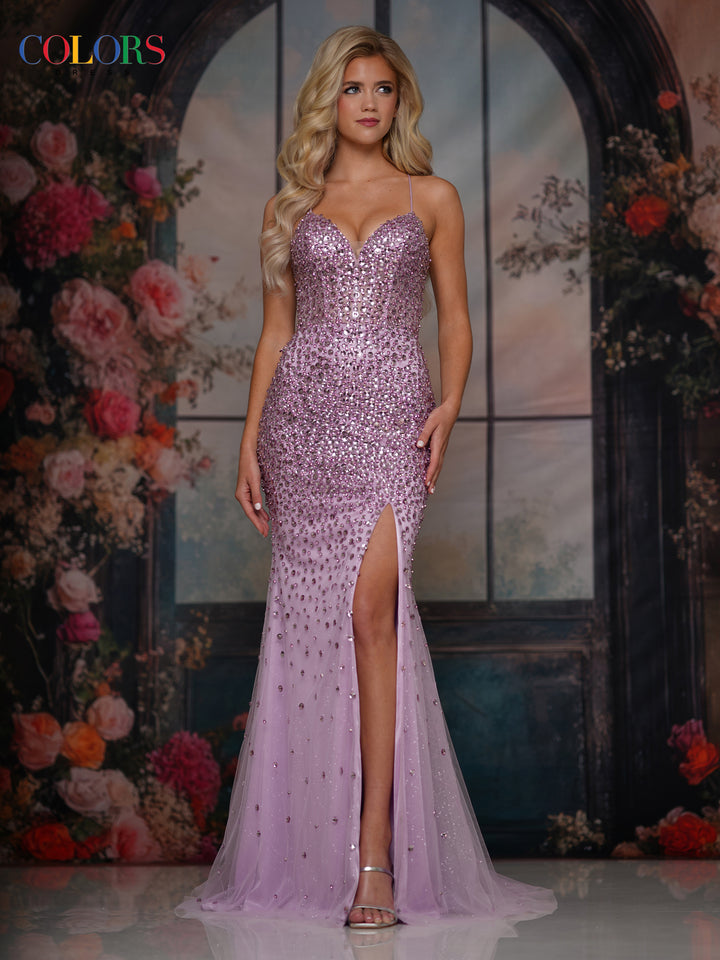 COLORS 3864 Gold Long Prom Dress With Fitted Silhouette