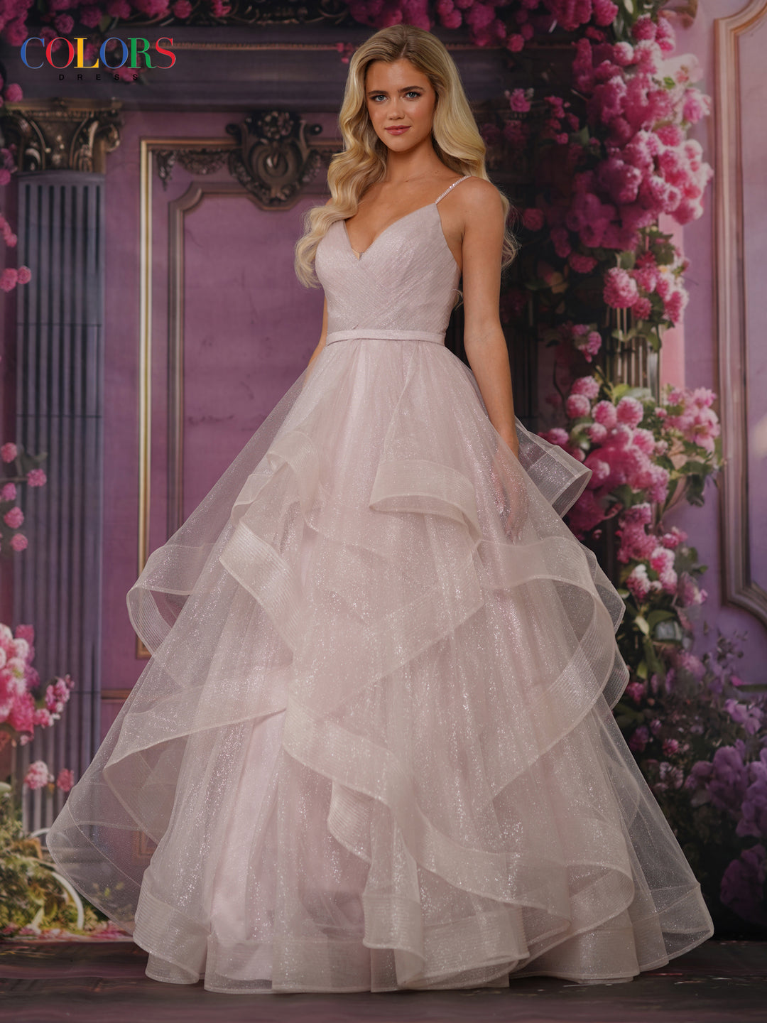 Colors Dress 2381 Evening Gown V Neck Glitter Mesh Ballgown