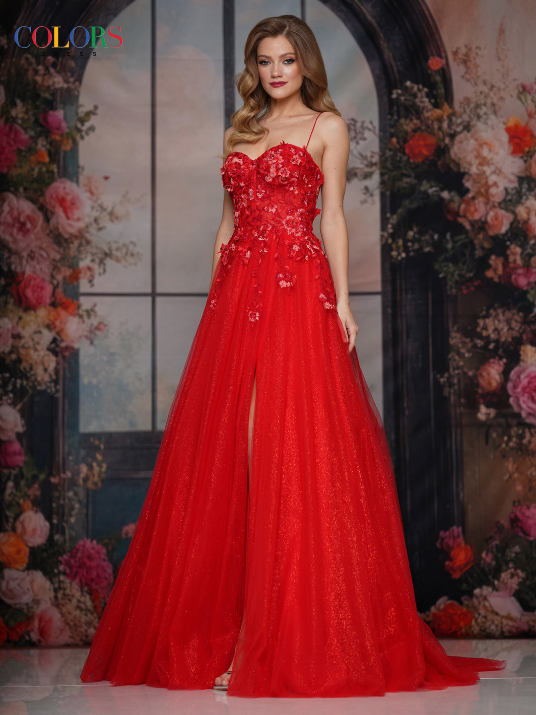 Colors Dress 3496 Floral Appliqued Sweetheart Prom Dress