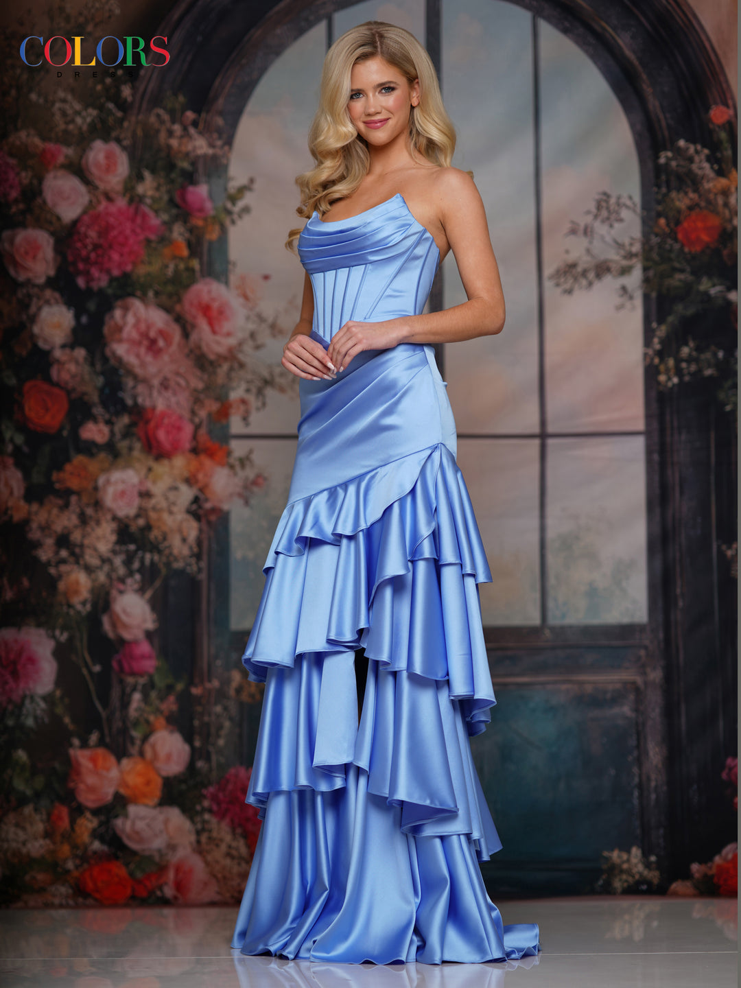 Colors Dress 3823 Satin Tiered Ruffle Evening Gown