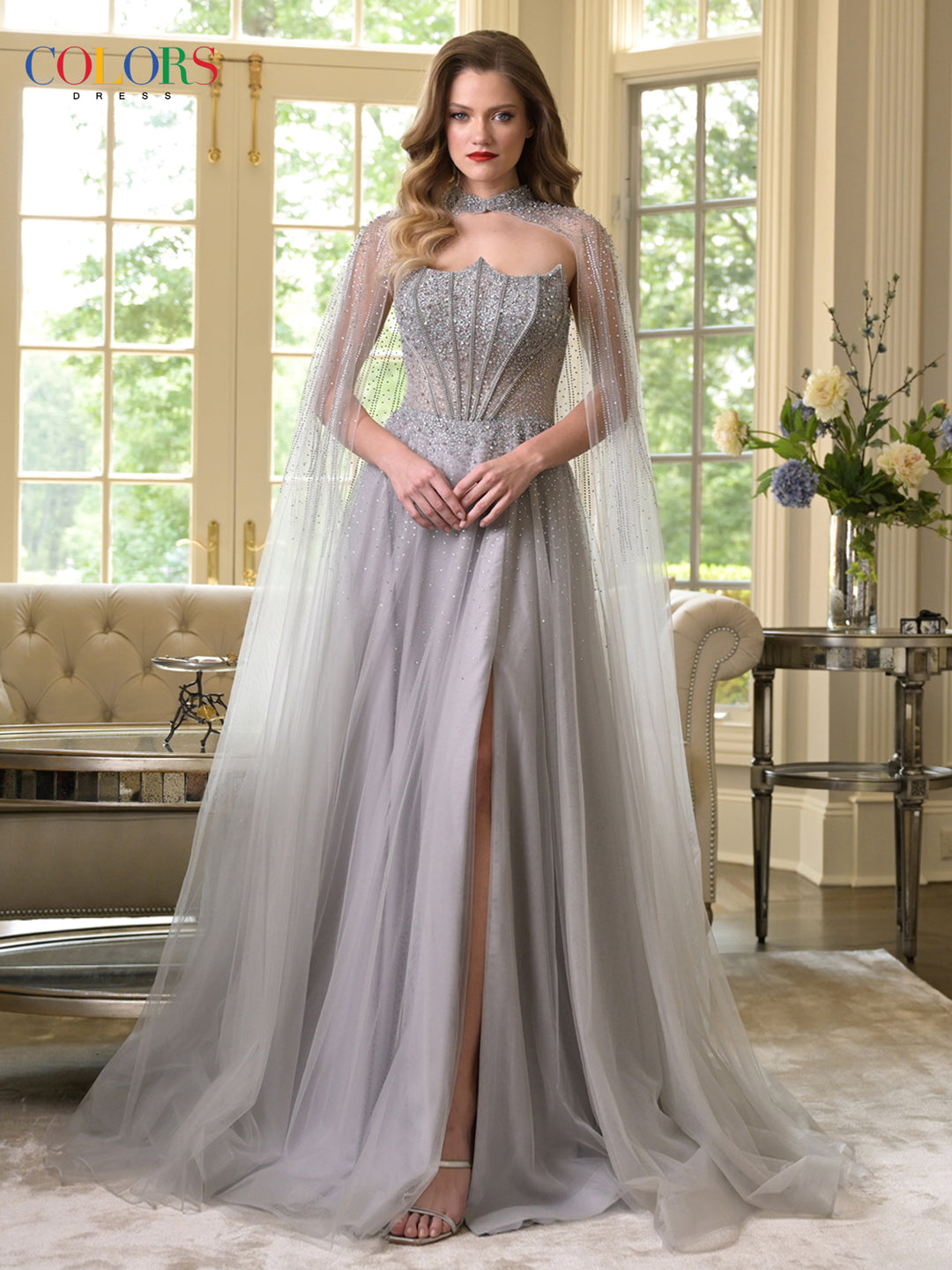 Colors Dress 3879 A-Line Cape Overlay Evening Gown