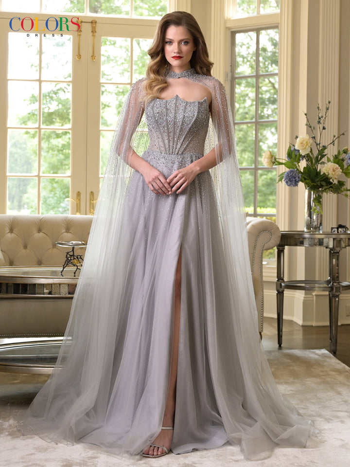 Colors Dress 3879 A-Line Cape Overlay Evening Gown