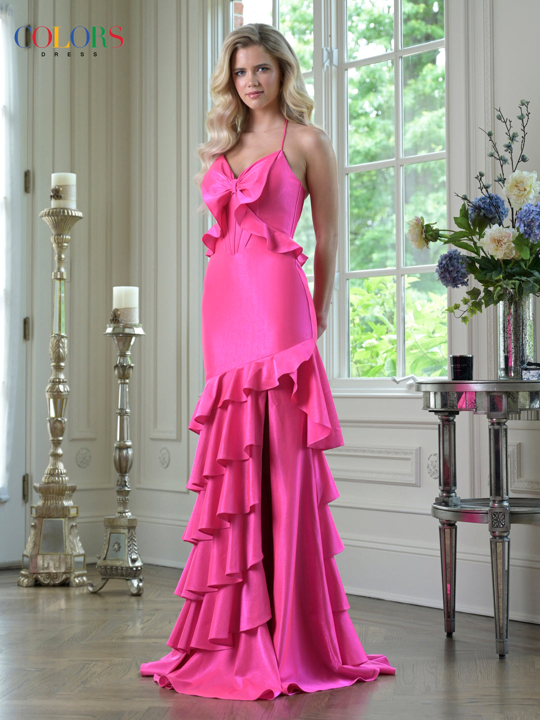 Colors Dress 3899 Cascading Ruffle Neckline Evening Gown