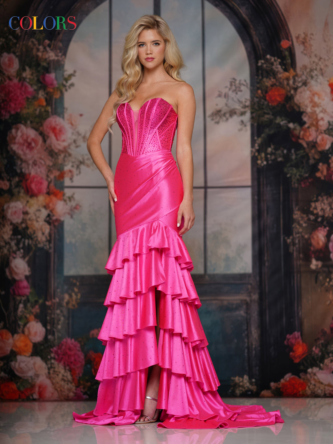 Colors Dress 3925 Ruffled Plunging Neckline Evening Gown