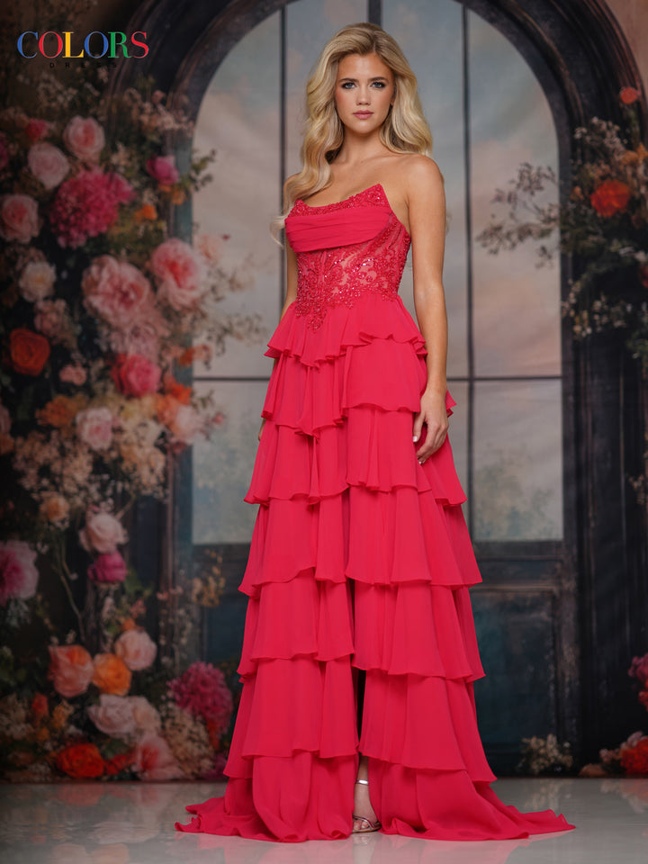 Colors Dress 3934 Scoop Neckline Tiered A-Line Evening Gown