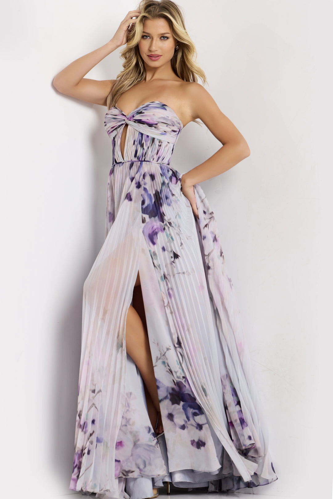 Jovani 42564 Strapless Floral With High Slit Prom Dress