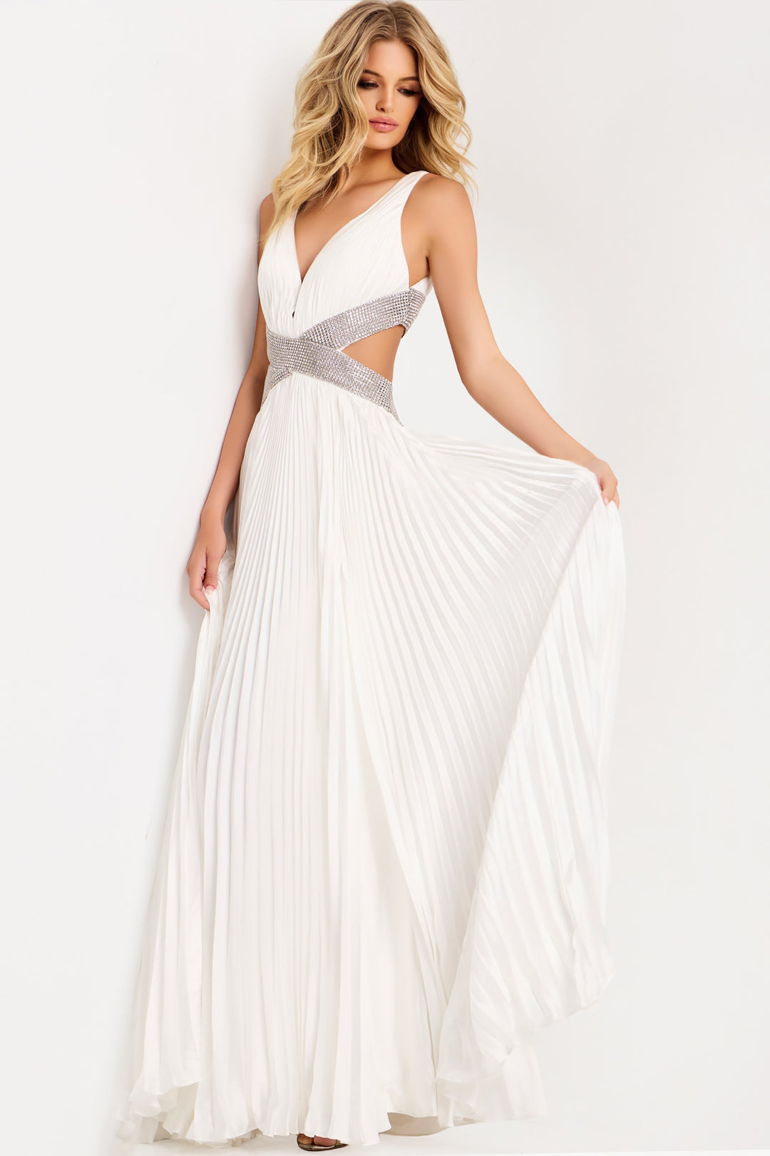 Jovani 42811 Pleated V-Neck Evening Gown