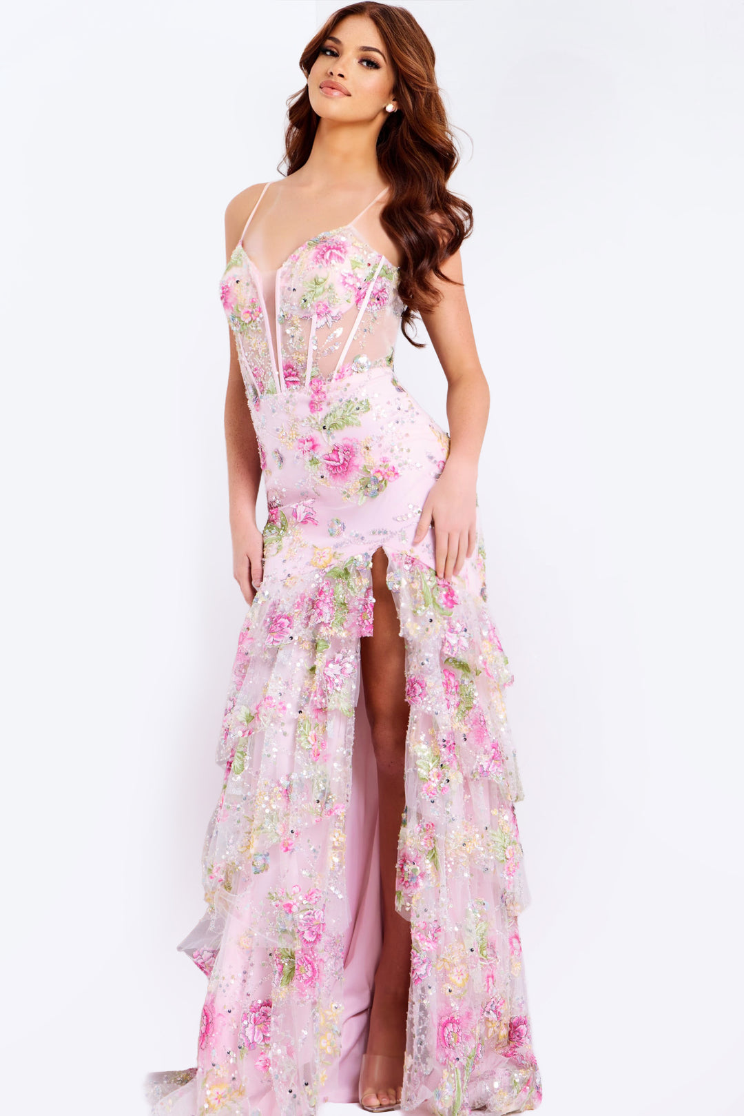 Jovani 43172 Floral Printed With Ruffled Detail Prom Dress