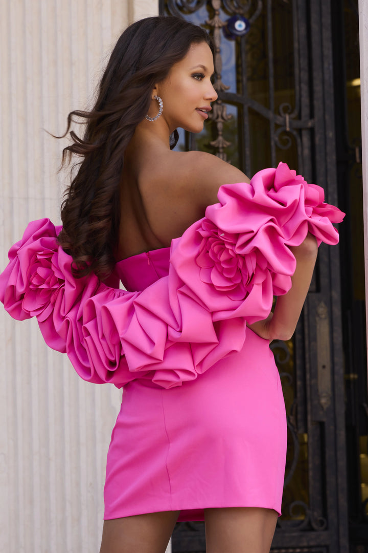 Jovani 45652 Fuchsia Strapless Homecoming Dress With Flower Wrap