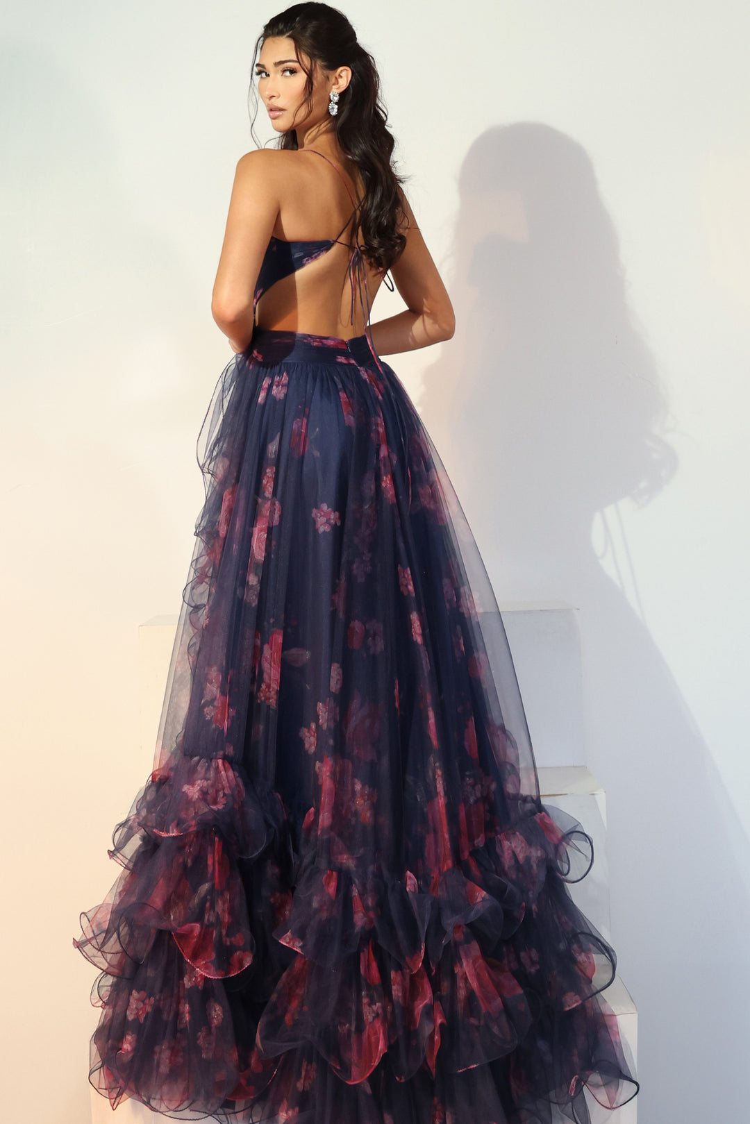 Jovani 45712 A-Line Floral Print Plunging Neckline Prom Dress