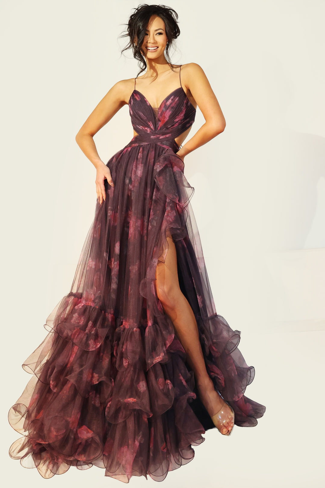 Jovani 45712 A-Line Floral Print Plunging Neckline Prom Dress