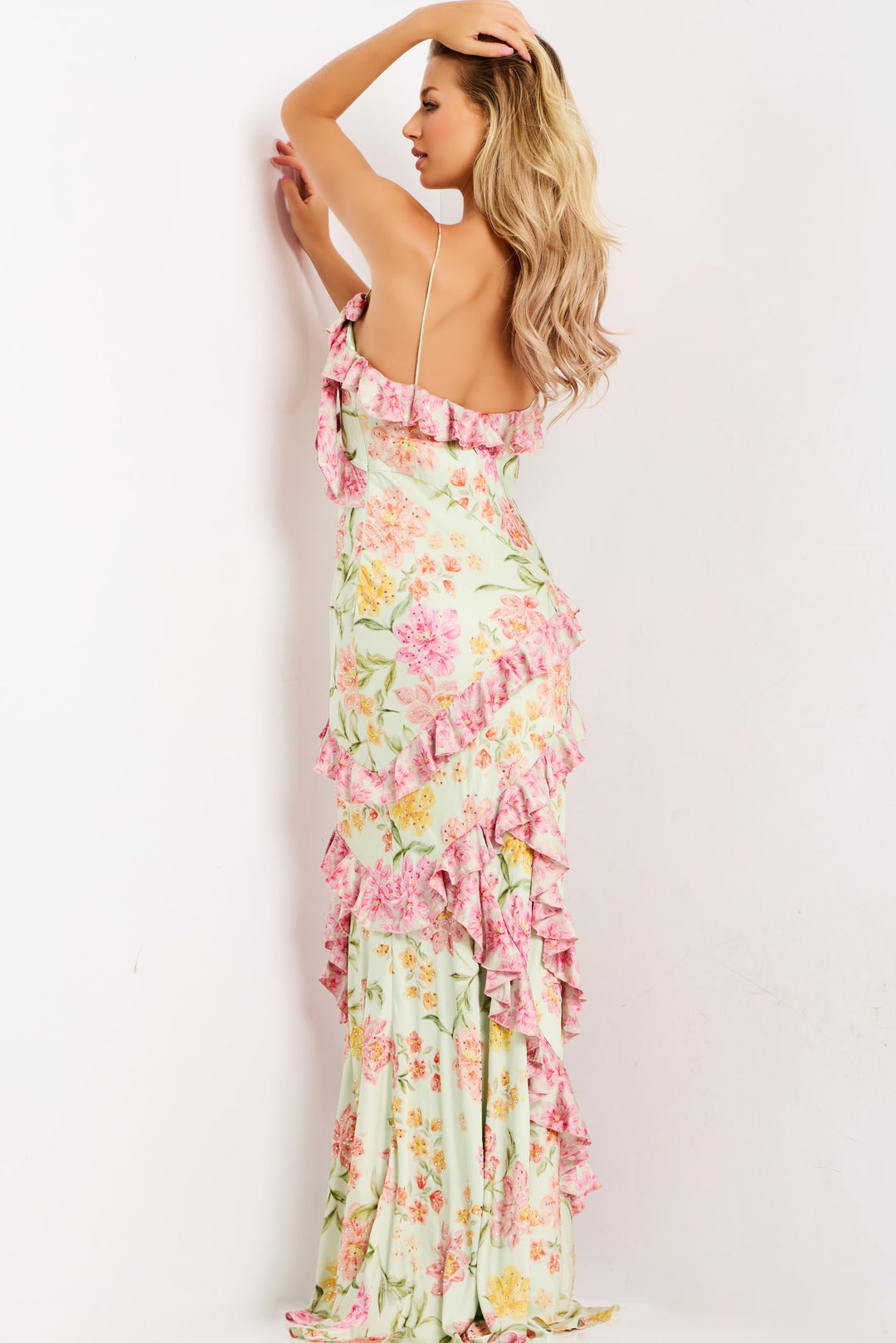 Jovani 47236 Long Ruffled Trim V-Neckline Prom Dress