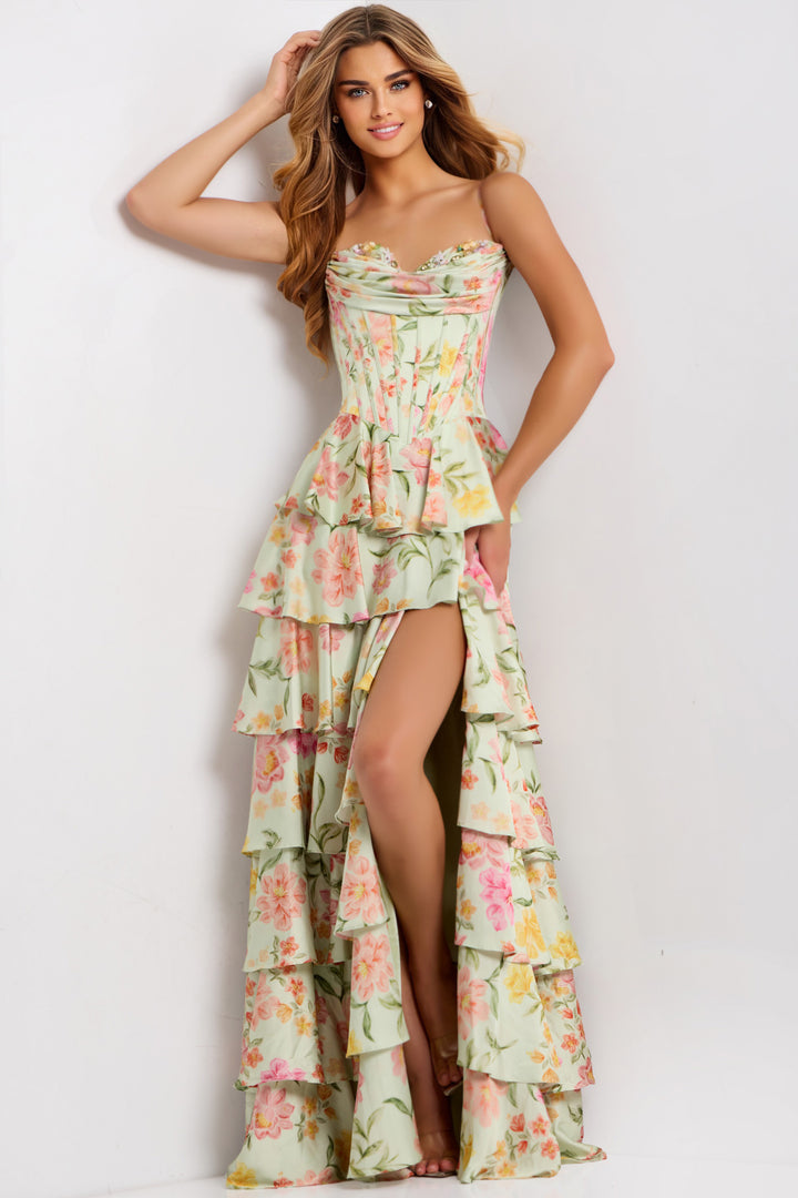 Jovani 47561 Floral Bodice And Ruffle Layers Evening Gown