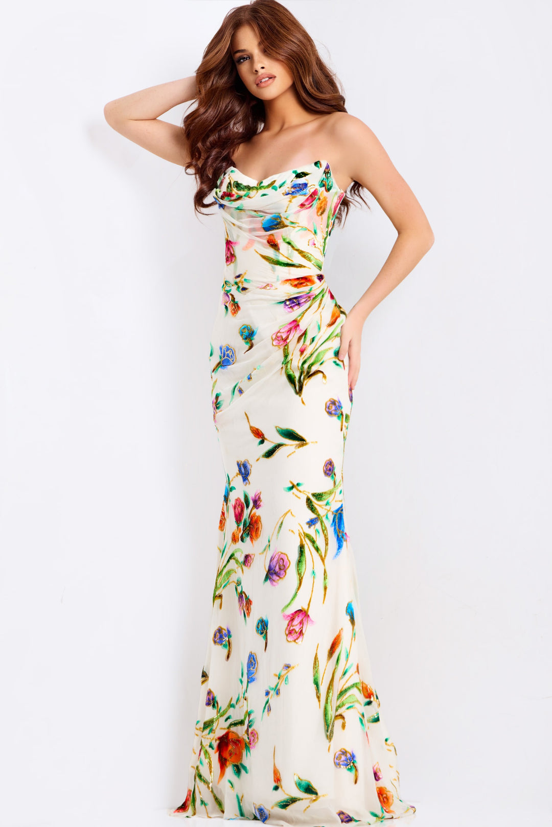 Jovani 47626 Multicolor Floral Cowl Neck Prom Dress