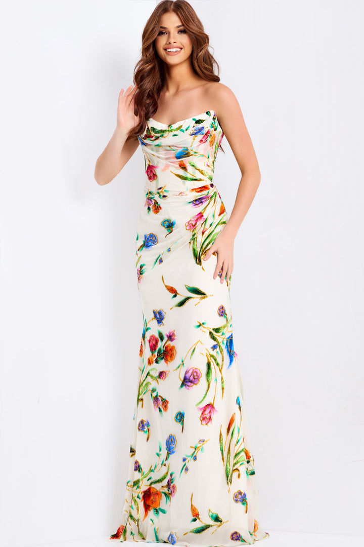 Jovani 47626 Multicolor Floral Cowl Neck Prom Dress