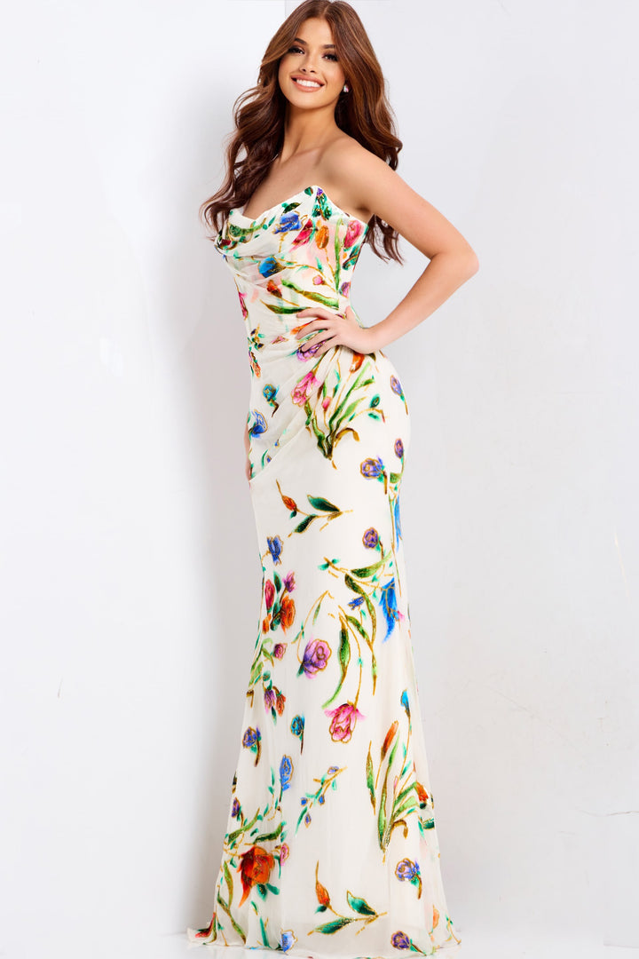 Jovani 47626 Multicolor Floral Cowl Neck Prom Dress