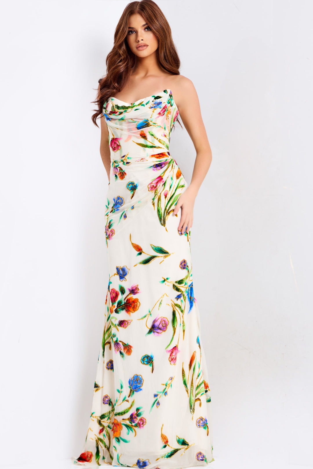Jovani 47626 Multicolor Floral Cowl Neck Prom Dress