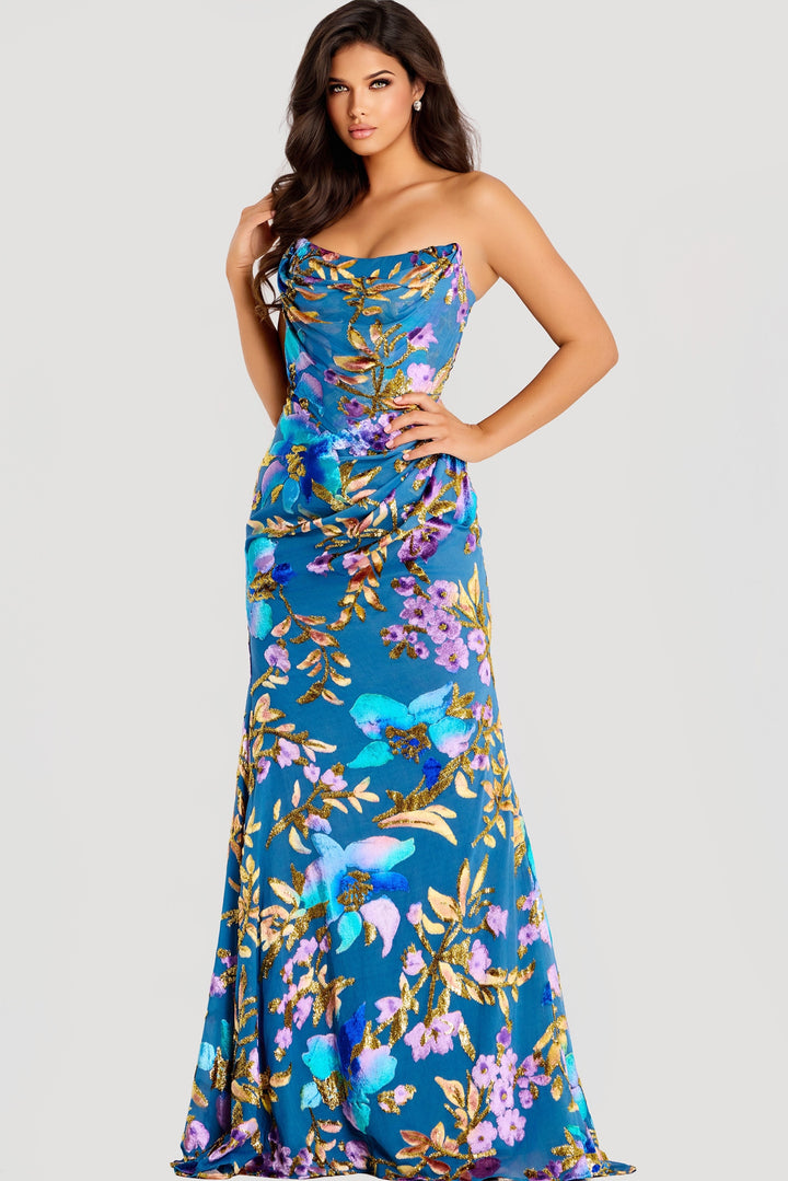 Jovani 47654 Floral Satin With Draped Cowl Neckline Prom Dress