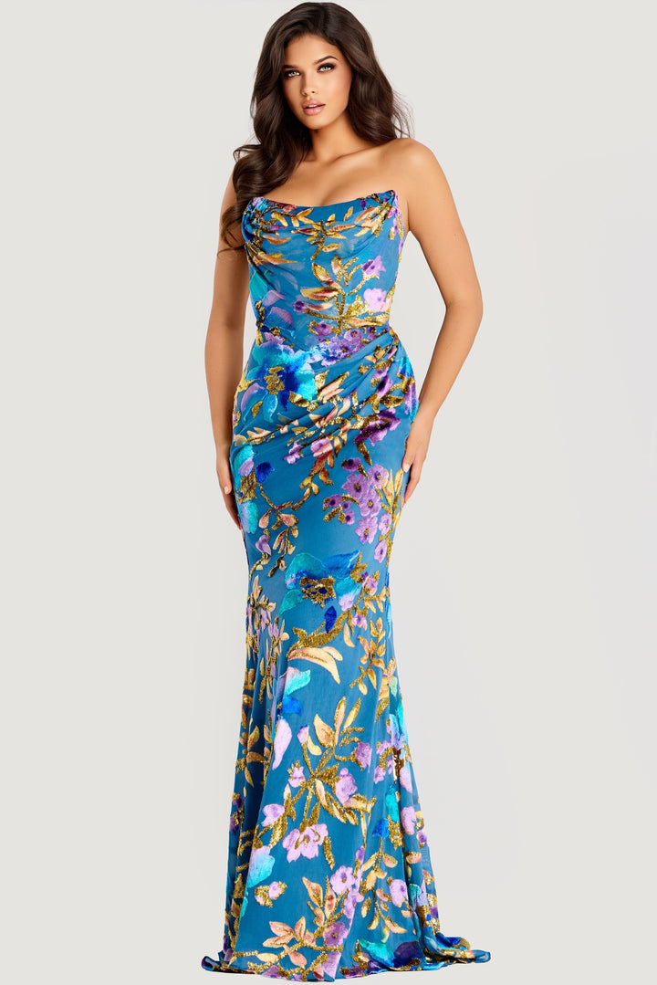 Jovani 47654 Floral Satin With Draped Cowl Neckline Prom Dress