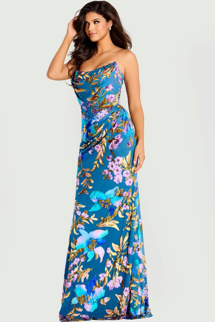 Jovani 47654 Floral Satin With Draped Cowl Neckline Prom Dress