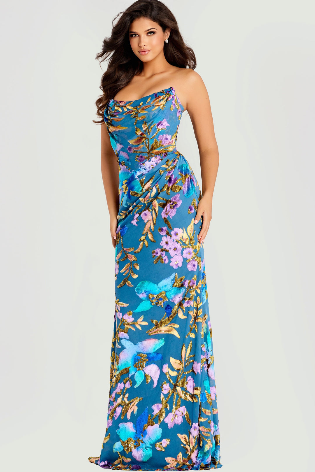 Jovani 47654 Floral Satin With Draped Cowl Neckline Prom Dress