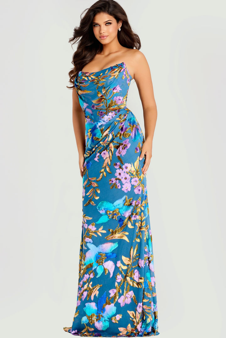 Jovani 47654 Floral Satin With Draped Cowl Neckline Prom Dress