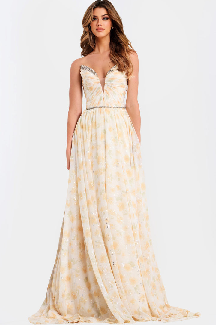 Jovani 48139 Floral A-Line Prom Dress With Plunging Neckline