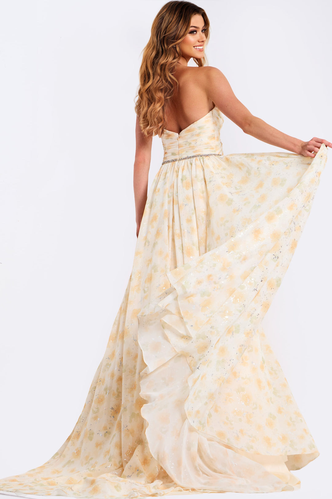 Jovani 48139 Floral A-Line Prom Dress With Plunging Neckline