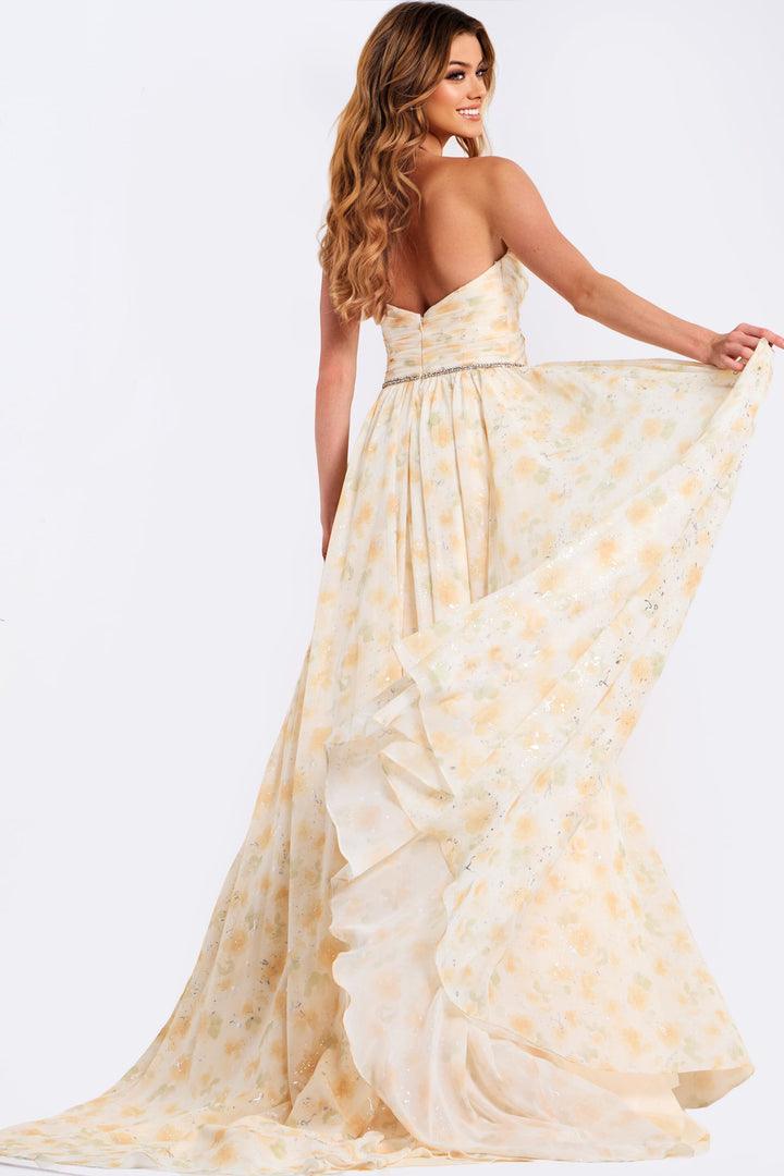 Jovani 48139 Floral A-Line Prom Dress With Plunging Neckline