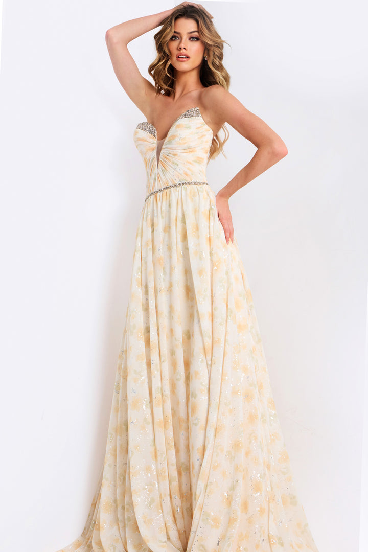 Jovani 48139 Floral A-Line Prom Dress With Plunging Neckline