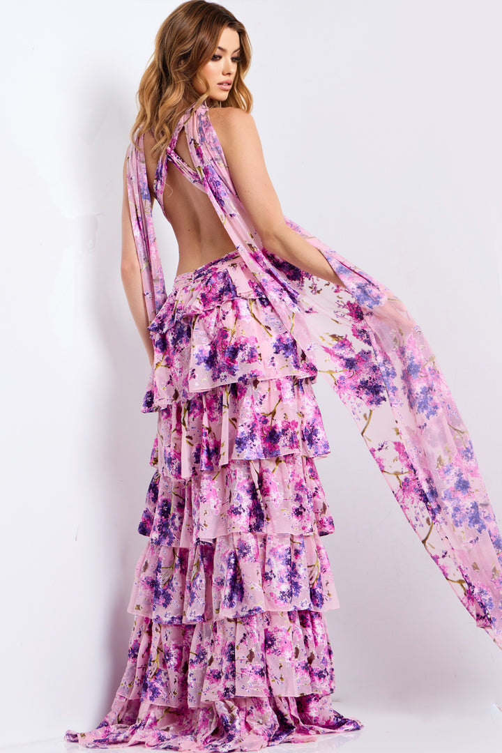Jovani 48234 Floral Print Prom Dress With Plunging Neckline