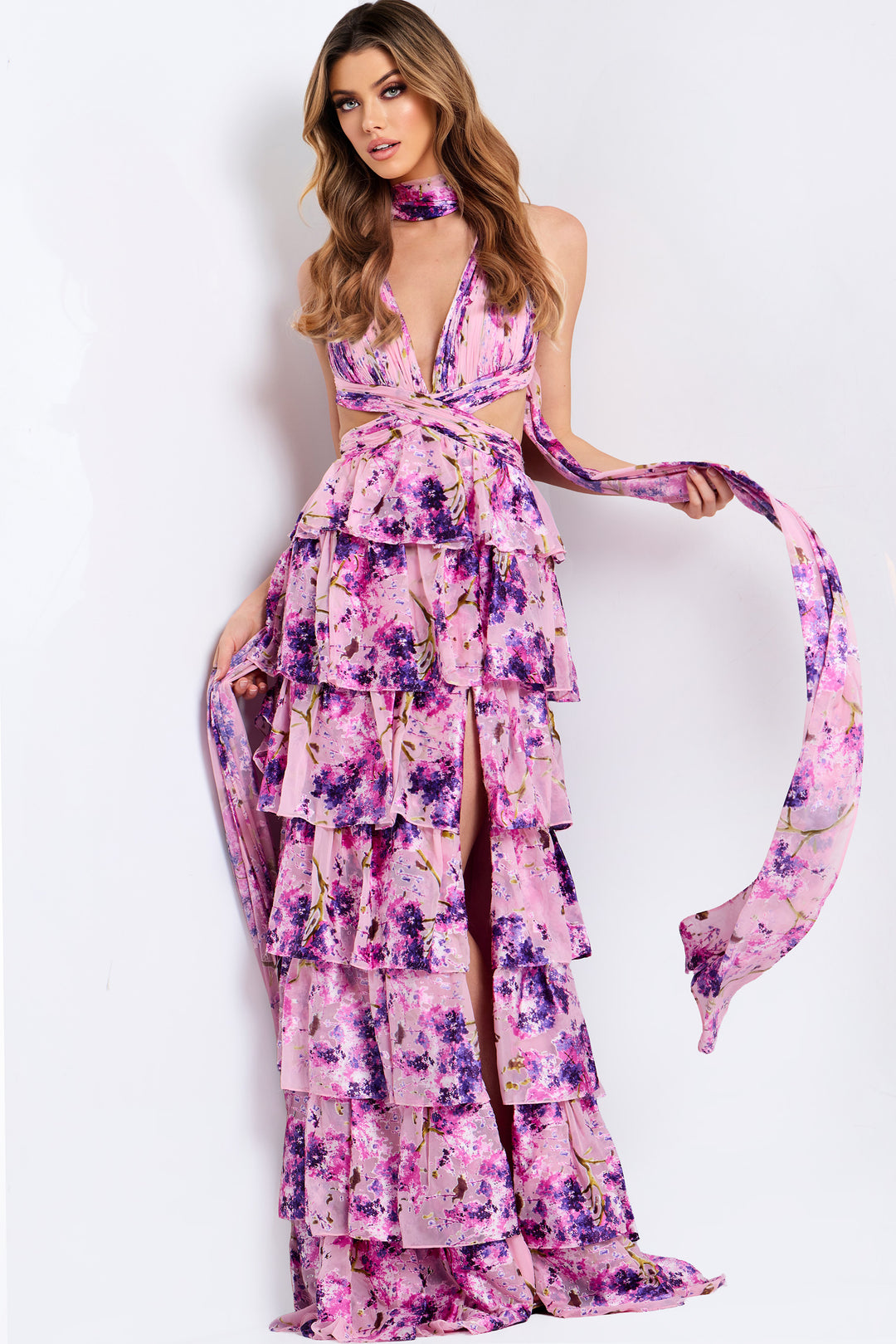 Jovani 48234 Floral Print Prom Dress With Plunging Neckline