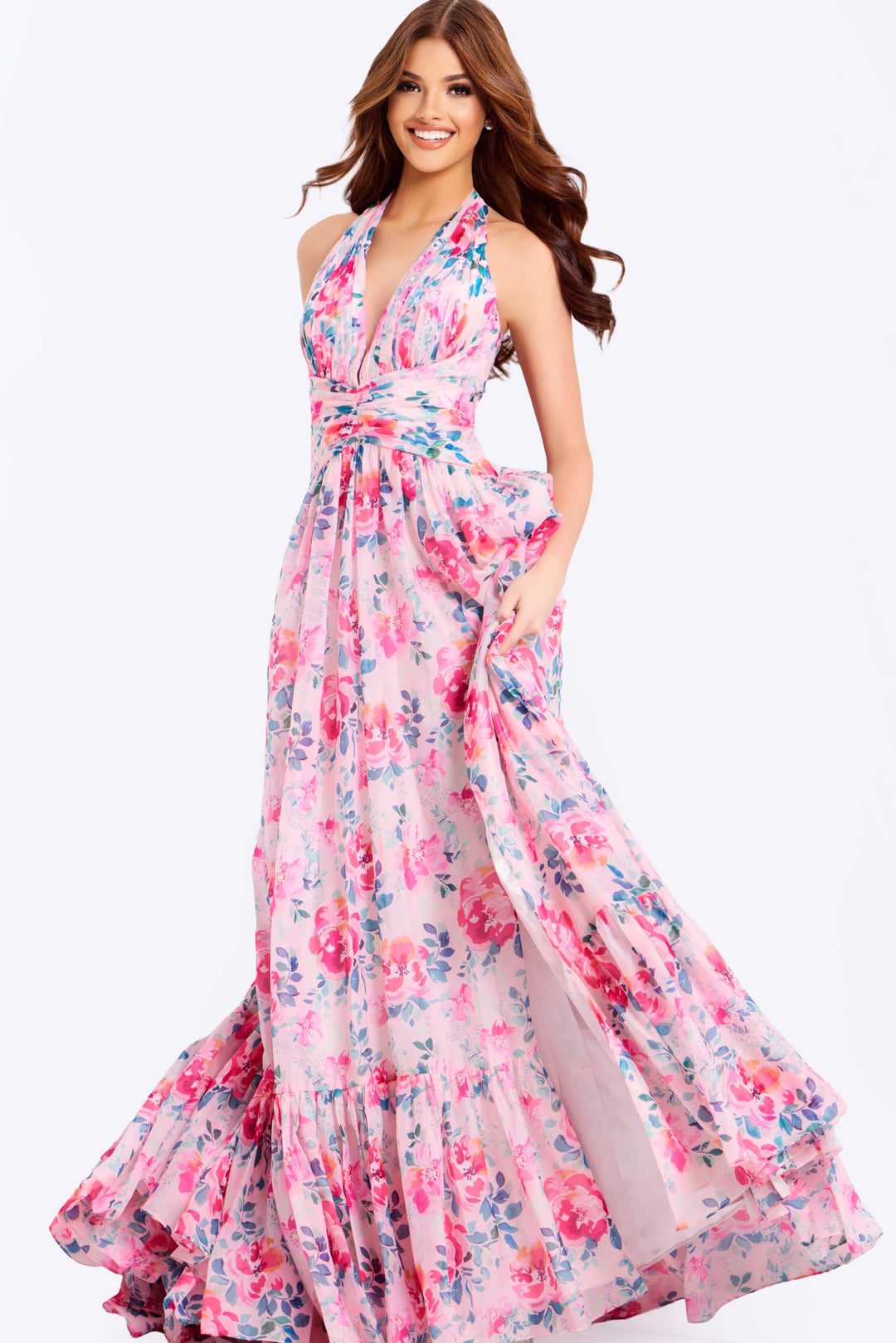 Jovani 48469 Evening Gown With Ruffled Hem And Halter Neckline