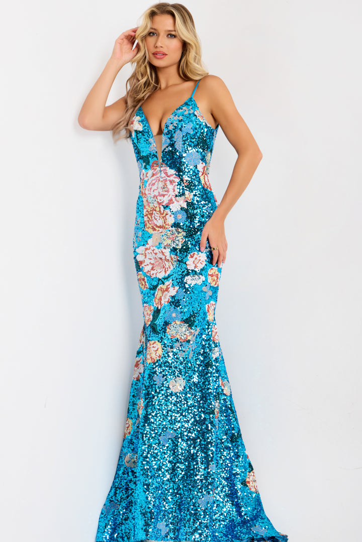 Jovani 48637 Evening Gown Floral Sequin Mermaid Silhouette