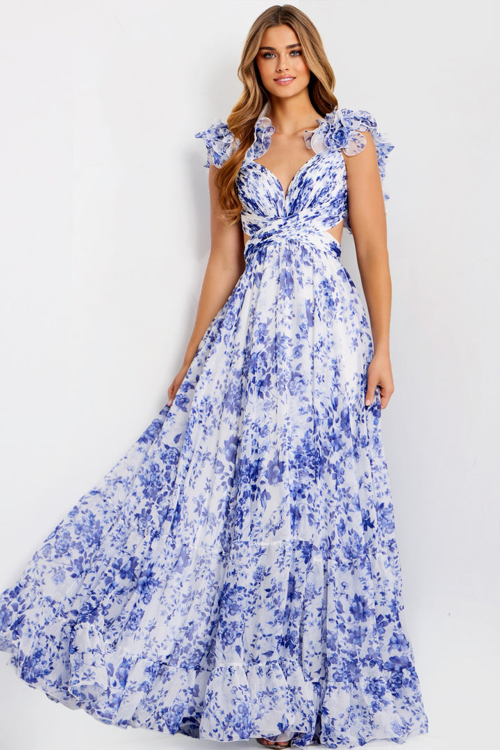 Jovani 49143 Evening Gown With Ruffle Sleeve A-Line Silhouette