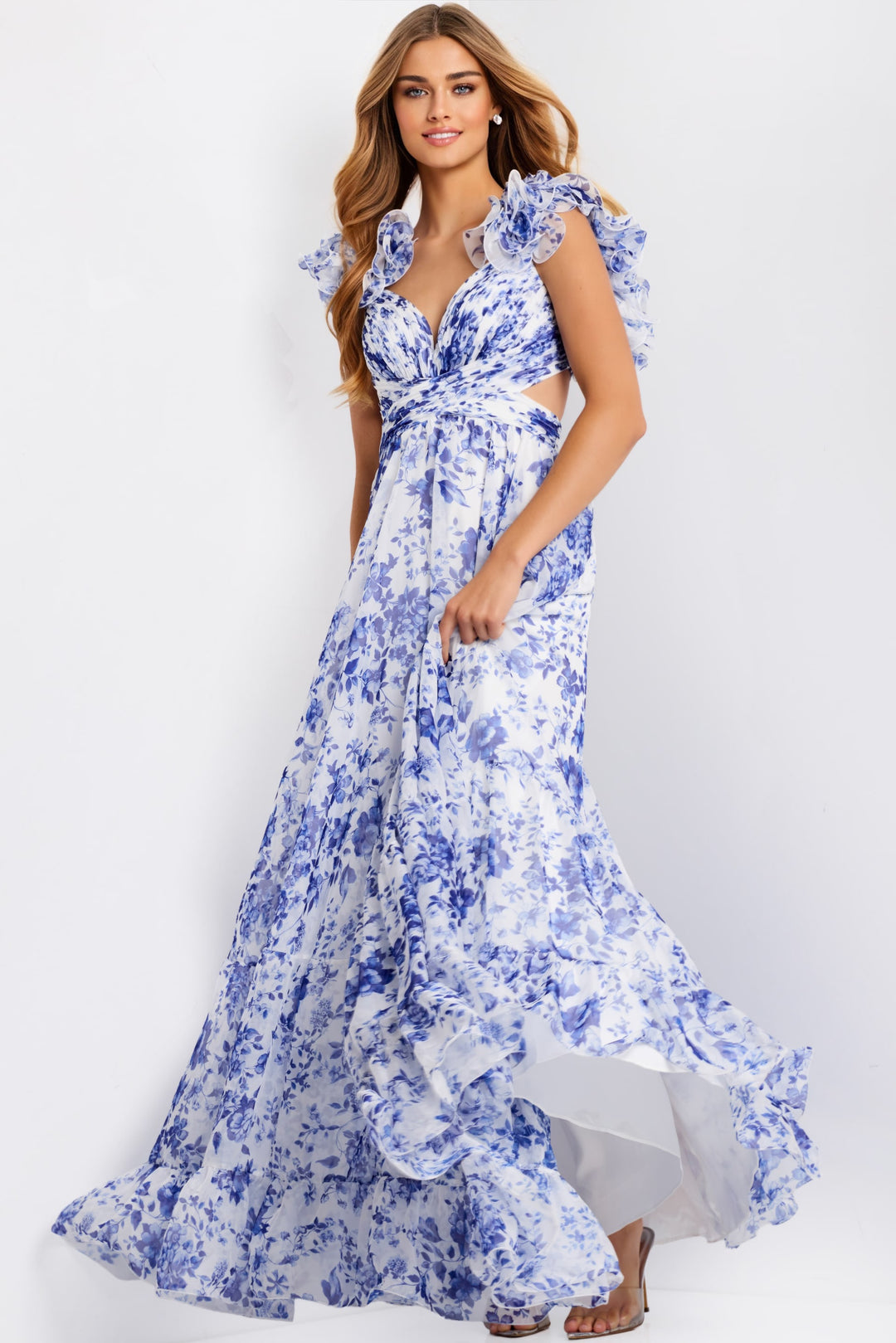 Jovani 49143 Evening Gown With Ruffle Sleeve A-Line Silhouette