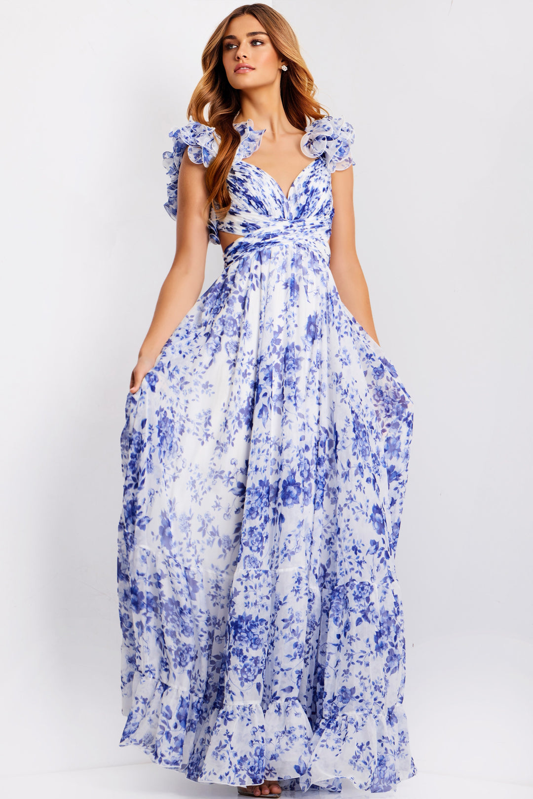 Jovani 49143 Evening Gown With Ruffle Sleeve A-Line Silhouette