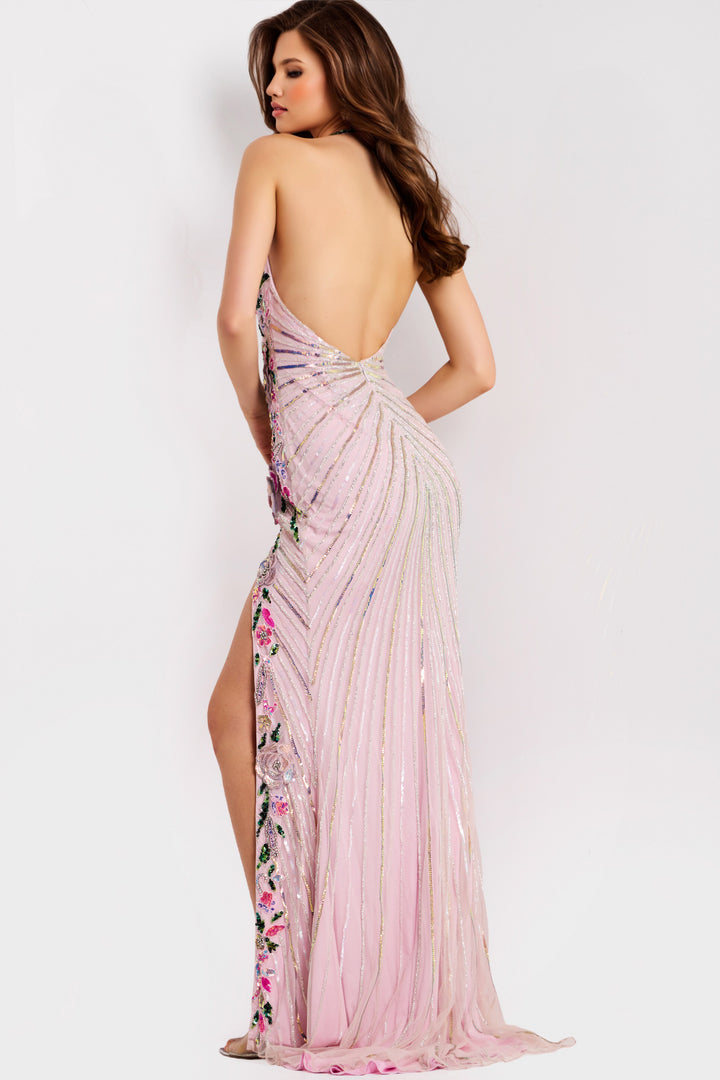 Jovani 49254 Evening Gown With High Slit Floral Embellishments