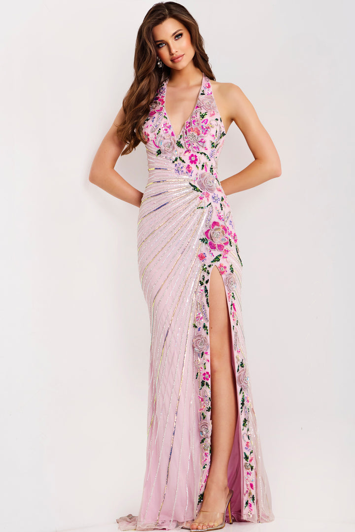 Jovani 49254 Evening Gown With High Slit Floral Embellishments