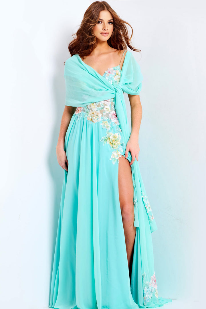 Jovani 49633 Evening Gown With Floral Applique A-Line Silhouette