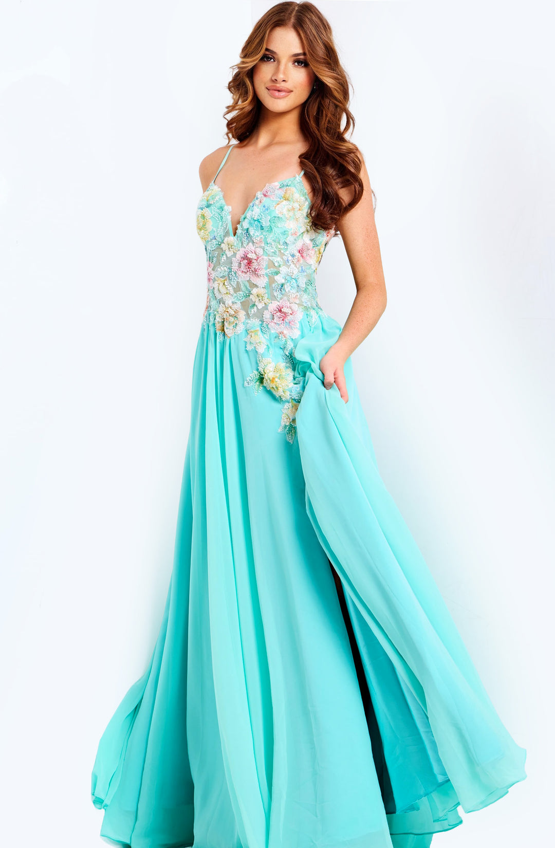 Jovani 49633 Evening Gown With Floral Applique A-Line Silhouette