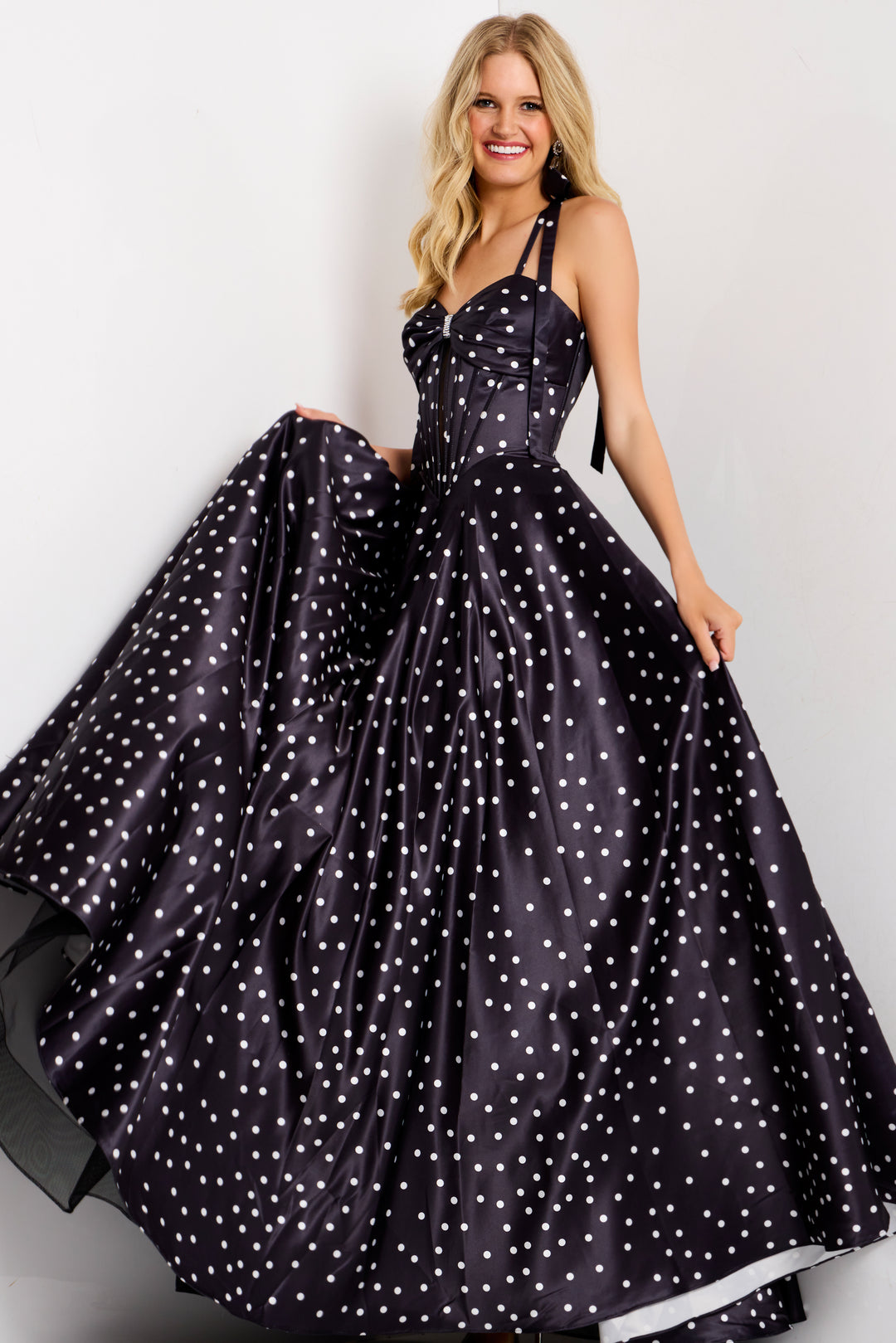 Jovani 49774 Polka Dot Prom Dress With A-Line Silhouette