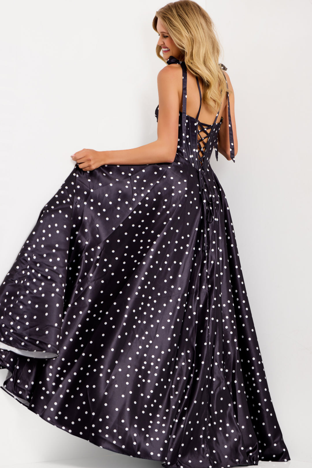 Jovani 49774 Polka Dot Prom Dress With A-Line Silhouette